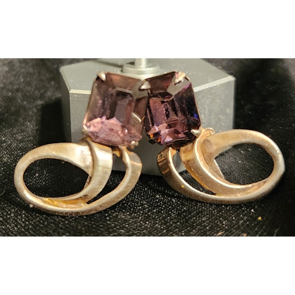 Vintage Sterling Silver Purple Emerald Cut Glass Swirl Screw Back Earrings Read